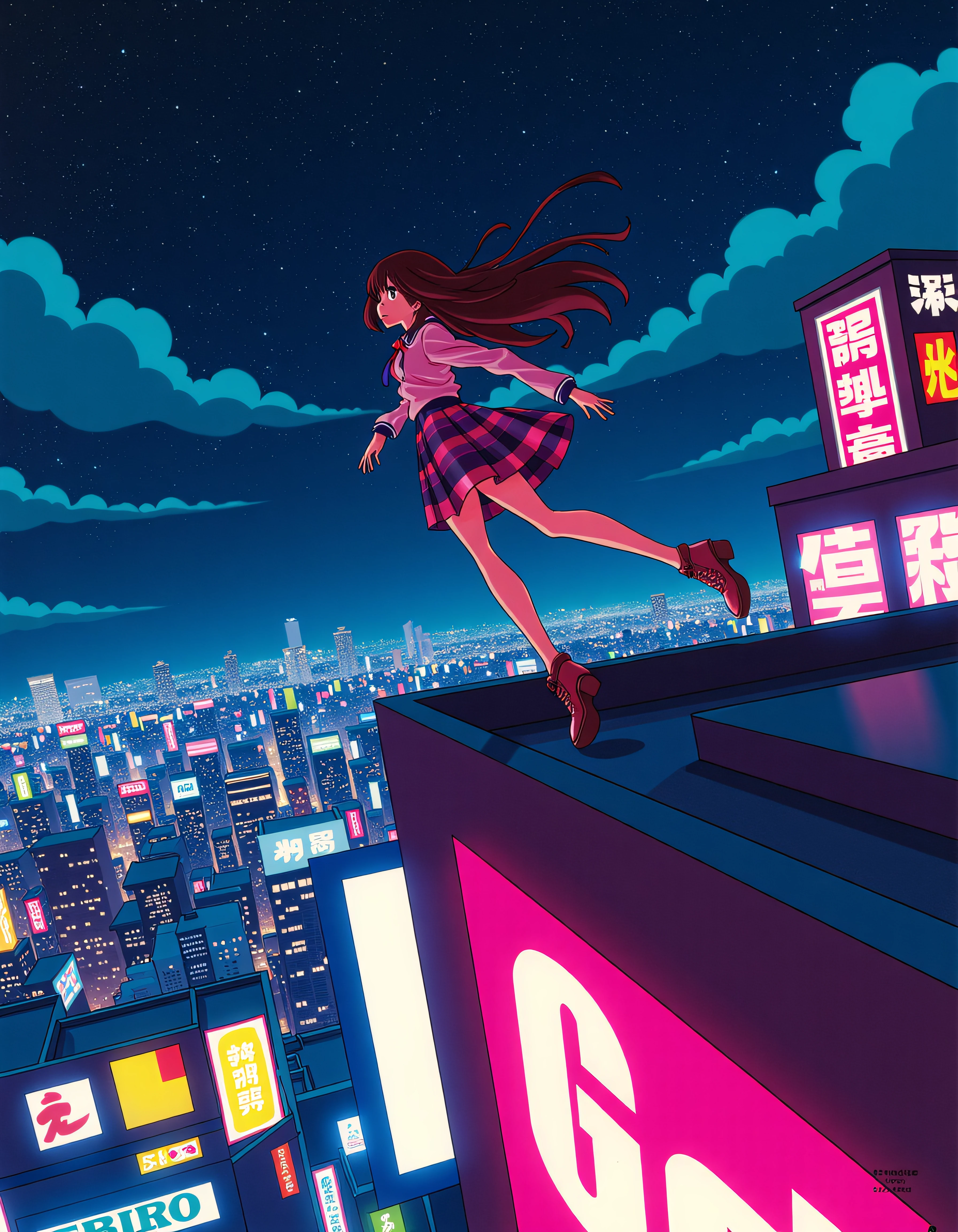 Sushioâs vibrant and exaggerated aesthetics, anime style, A heroine leaping from one neon-lit rooftop to another under a night sky filled with electric city lights, hair streaming behind her as she evades a pursuing figure.  <lora:xlranime-sushio:1.0>