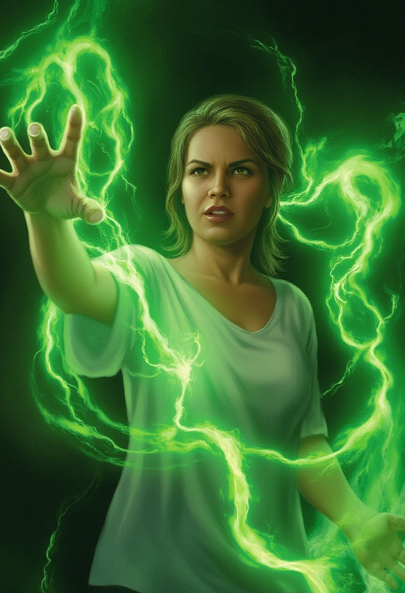 eldritch illustration of a woman with a determined expression, extending her hand as she conjures a swirling green mist. The mist crackles with energy, wrapping around her arm in tendrils of light.