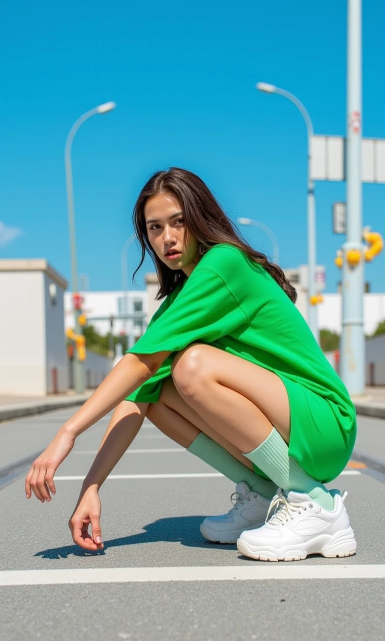 aesthetic_pos3, dynamic_pos3, Casual urban style, a young woman squatting with a  playful expression, wearing an oversized green t-shirt and chunky white sneakers, bright blue sky, outdoor street view, clear lighting, vibrant