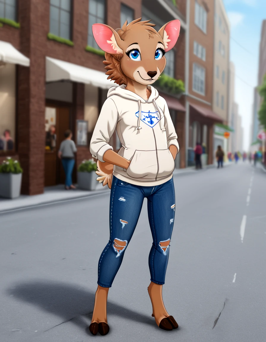 outdoors,detailed background,city,
Katy,1girl,solo,deer,animal ears,tail,furry female,animal nose,snout,short hair,blue eyes,body fur,brown fur,animal ear fluff,two-tone fur,brown hair,white fur,
full body,smile,long eyelashes,
torn jeans,hoodie,standing,the pose,facing viewer,
<lora:Katy_v01_PDXL:1>,