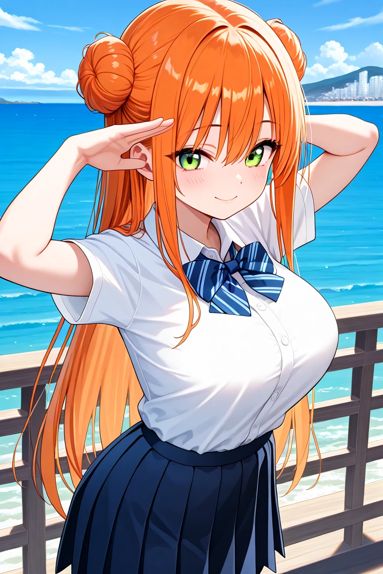 Long orange hair, side braids, blue eyes, big breasts, girl, student, Western-style school uniform, white skirt