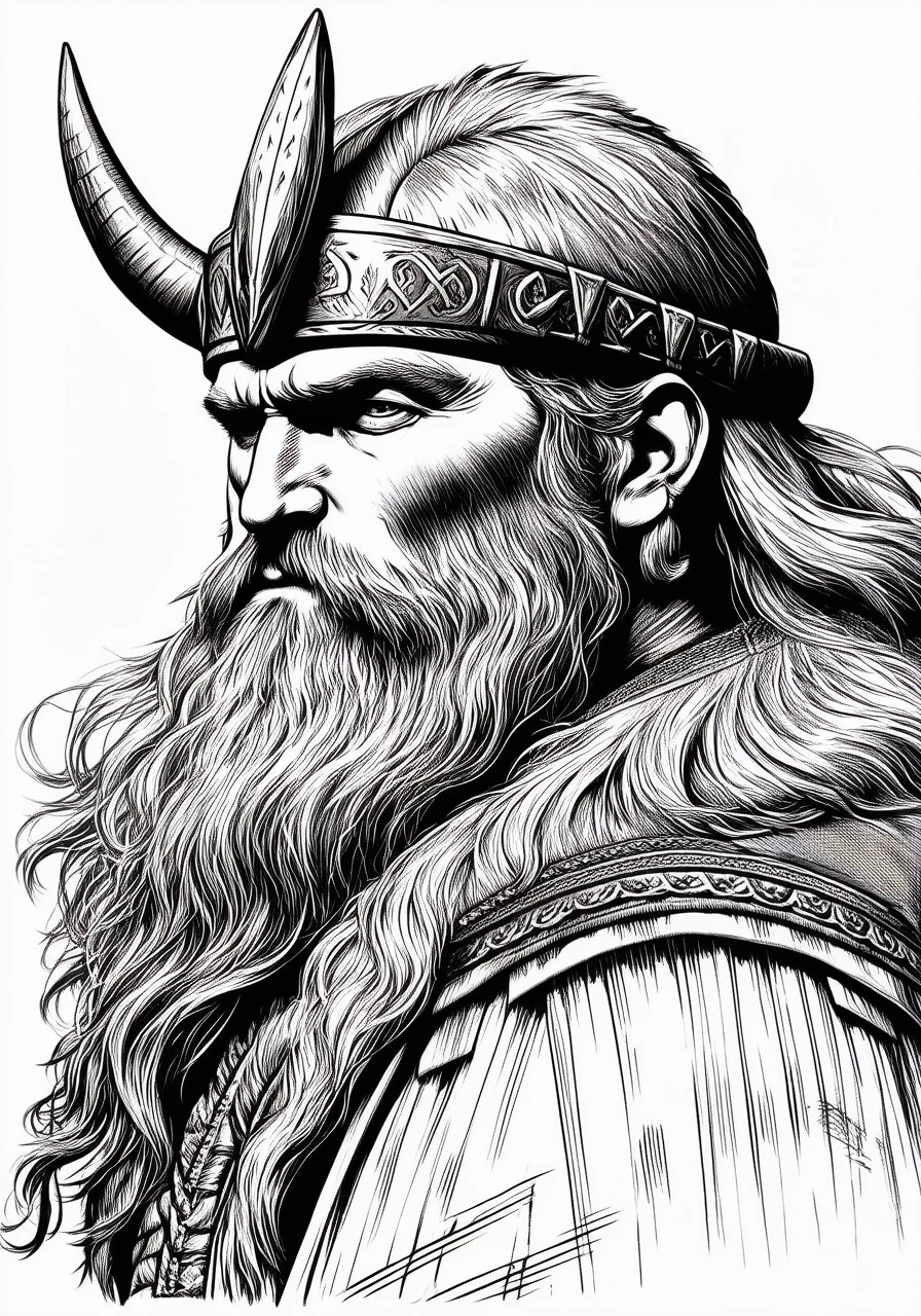 A drawing of a bearded viking with a long beard and a horned helmet ...
