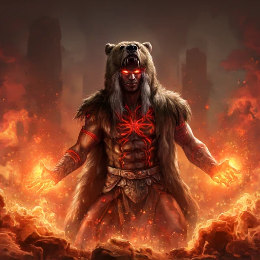 Digital ilustration in PoE1ascendancyArtFLUXV1 style of muscular dark-skinnad man with red glowing tattoos, long white hair, red glowing eyes, wearing a bear pelt on his head and casting fire spells with his hands, putting massive fire on the ground