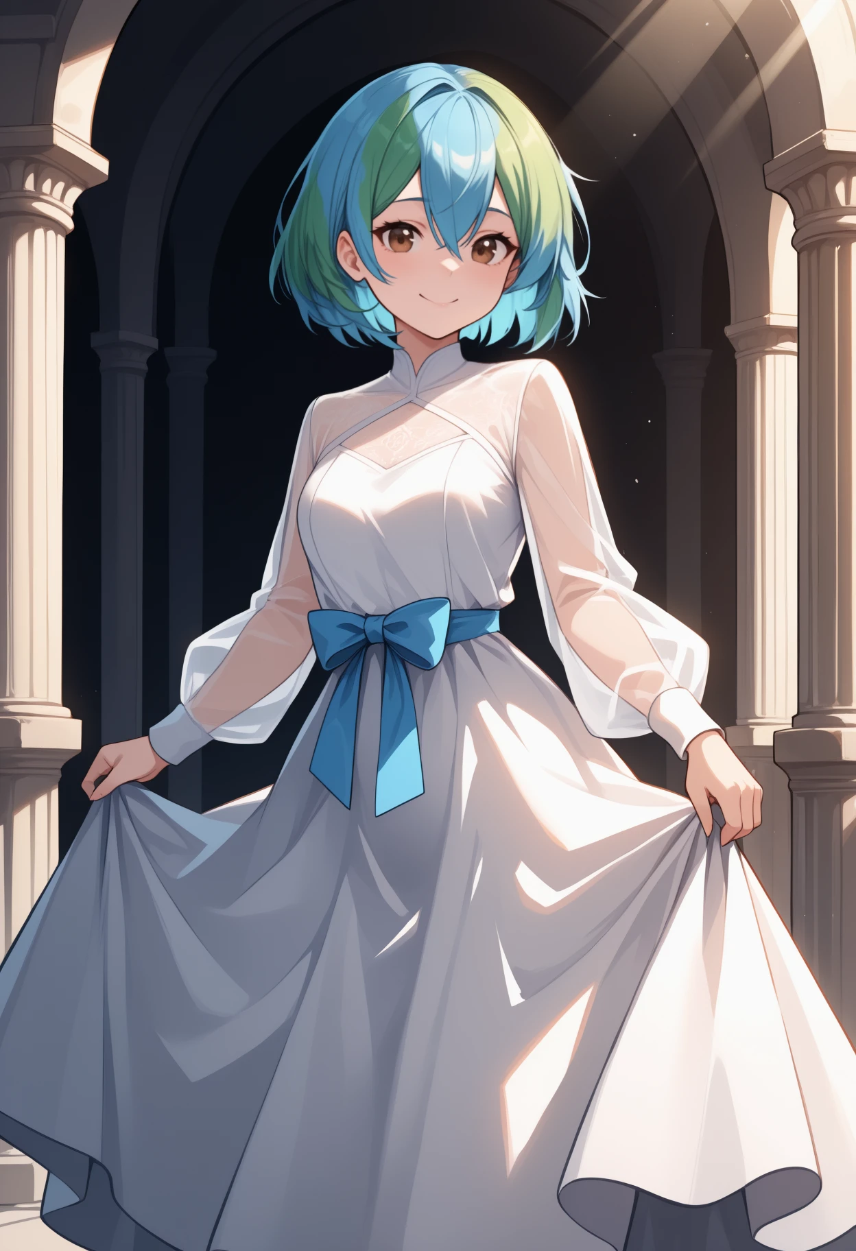 masterpiece, best quality, <break> solo, 1girl, erthchn, smile, looking at viewer, skirt hold, short hair, two-tone hair, blue hair, green hair, hair between eyes, brown eyes, long dress, white dress, waist bow, long sleeves, see-through sleeves, pillar, arch, light rays
<segment:yolo-face_yolov8m.pt,0.4,0.5//cid=1>