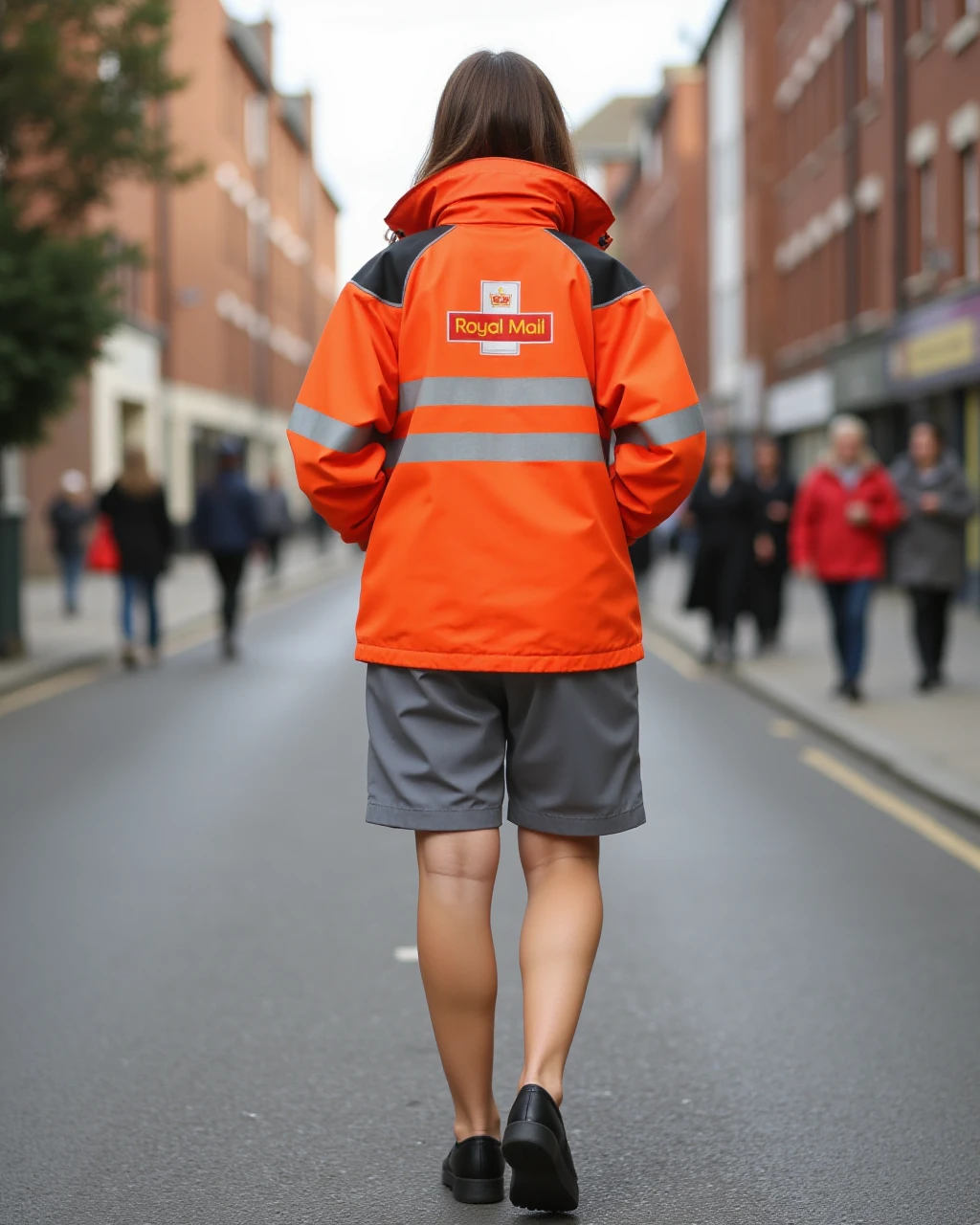 mature woman, jacket, orange jacket, uniform, royal mail logo, employee uniform, grey knee length shorts, black shoes, view from behind, nice butt