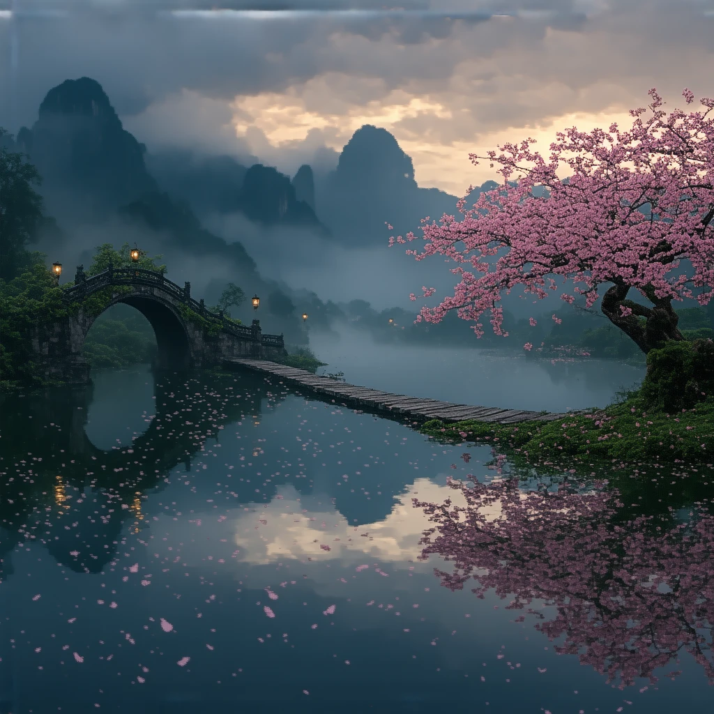 step_sketch, In a dreamlike landscape at dusk, the sky is painted in shades of crimson as the golden sunlight sets the clouds aglow. At the center of the scene is a tranquil lake with mirror-like waters that reflect the vibrant colors of the sky. By the lakeside, an ancient stone bridge is covered in moss and vines, emitting a soft green glow. The bridge leads to a lush grove of cherry blossoms, where petals gently drift down like pink rain in the soft breeze. In the distance, a range of mist-shrouded mountains is barely visible, with a temple perched on the peak, its lanterns faintly glowing in the dimming light. The entire scene exudes an atmosphere of serenity and romance, as if it were a world born from a dream.