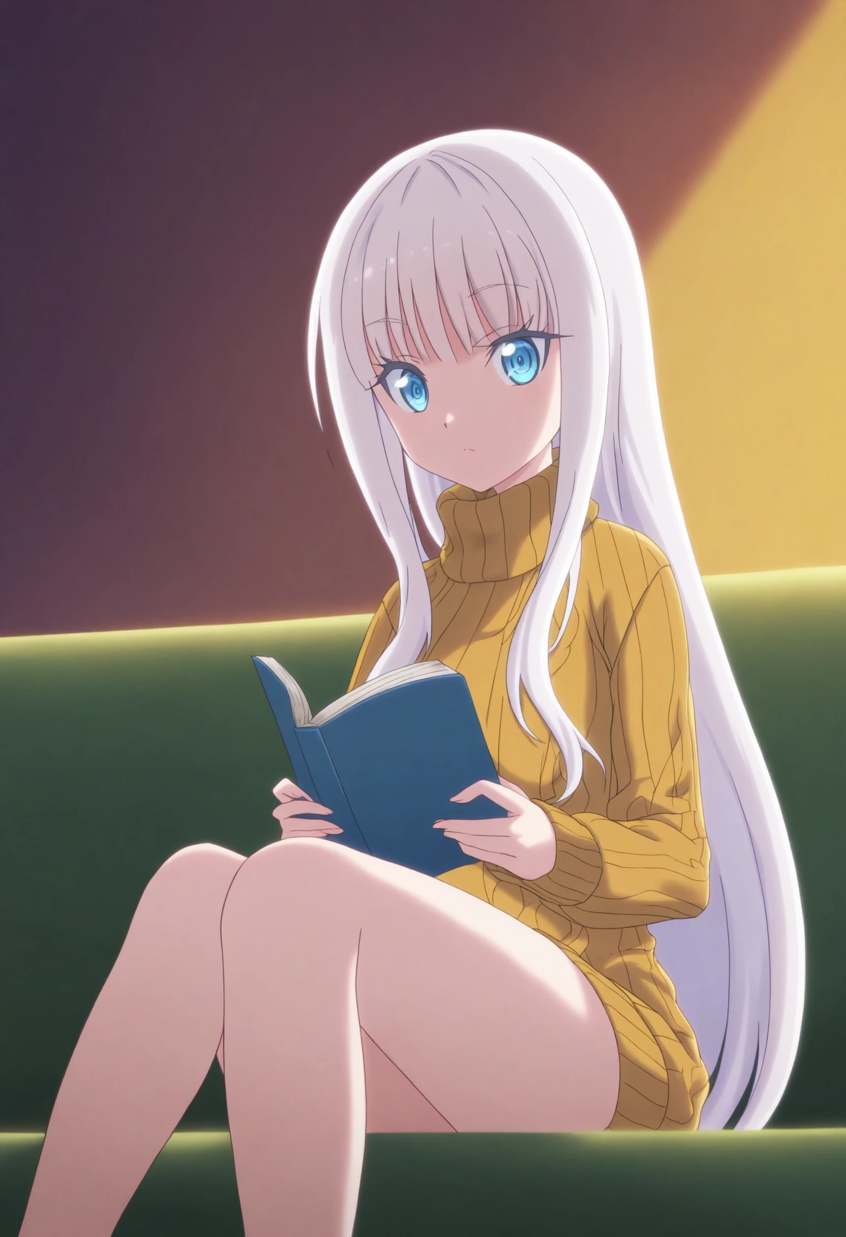 <lora:Mira - [She Professed Herself Pupil of the Wise Man] - illustriousXL v1.0:1>, sysdeep_mira,  white hair, blue eyes, knitted sweater, sitting, couch, reading a book, evening