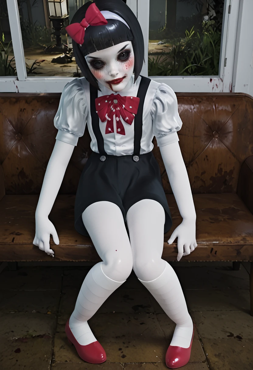 score_9, score_8_up, score_7_up, score_6_up, score_5_up, 1girl, <lora:Resentful_Puppet_-_Soul_Dossier_å°çµæ¡£æ¡:0.8> Resentful Puppet, black hair, short hair, bob haircut, blunt bangs, black eyes, black sclera, colored skin, pale skin, grey skin, blood, blood on face, makeup, red bow, hairband, hair bow, suspenders, white shirt, short puffy sleeves, black shorts, legs, thighs, horror (theme), creepy, dark, , slim legs, slim body, big eyes, female focus, fantasy, expressive, skindentation, 1female, masterpiece, 32K HD, beautiful attention to detail, detailed eyes, shiny skin, showing lots of skin, wide lens, perfect hands, perfect eyes, 3d, looking at viewer, zPDXL2, zPDXLxxx, expressionless, clothed female, indoors, school, full body, white kneehighs, red footwear, flats, sitting
