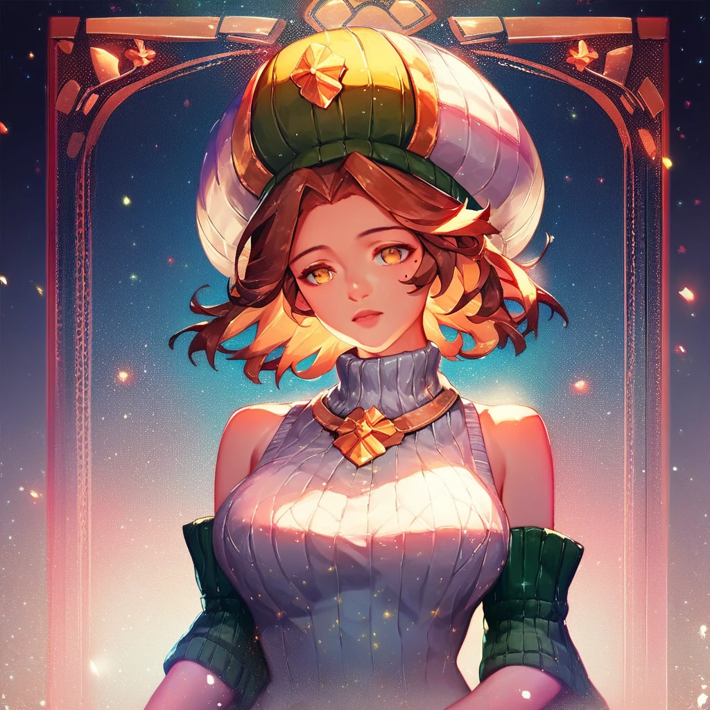 Sophie Dragalia, brown hair, short hair, yellow eyes, mole under eye, large breasts, wide hips, casualsophie, hat, collar, sweater, detached sleeves, bare shoulder, dress ,score_9, score_8_up, score_7_up, source_anime, 1girl, light particles, dramatical lighting, (detailed, light particles, dynamical lighting, masterpiece, beautiful art, beautiful eyes, beautiful face, delicate artwork), score_9, score_8_up, score_7_up, 1girl,