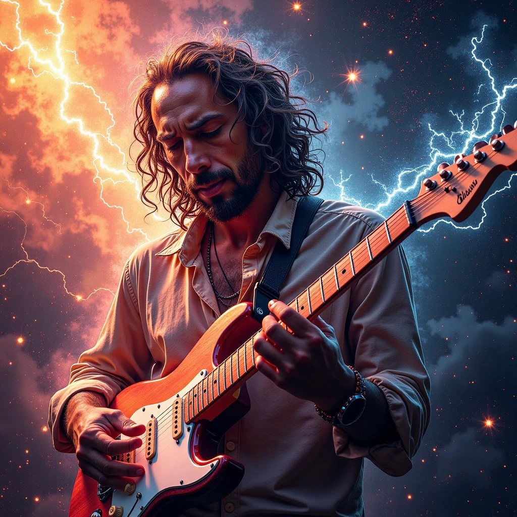 an abstract painting of a seductress,glowing energy,split sky between sunny day and deep space at night, with gome style, close-up shot of a man's hands deftly strumming the strings of his electric guitar, fingers gliding smoothly across the fretboard as he performs an intricate melody. Soft lighting casts a warm glow on his face, highlighting the concentration etched on his features.