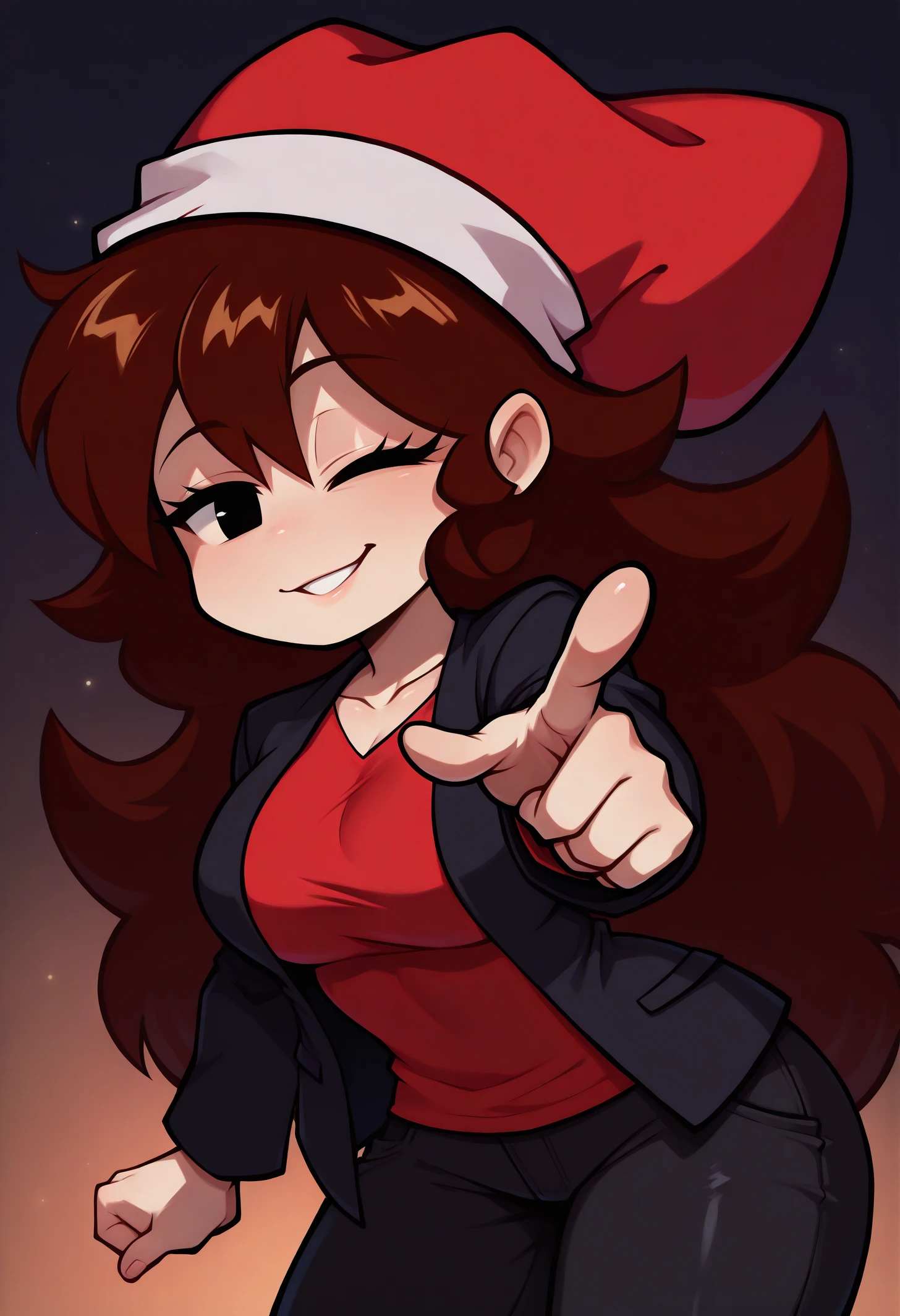 masterpiece, best quality, 1girl, gfhypn, black eyes, brown hair, long hair, hair between eyes, red headwear, collarbone, red shirt, black jacket, long sleeves, open jacket, black pants, denim, jeans, <lora:Girlfriend_illusXL_Incrs_v1.1-000008:1>, standing, pointing at viewer, one eye closed, seductive smile,