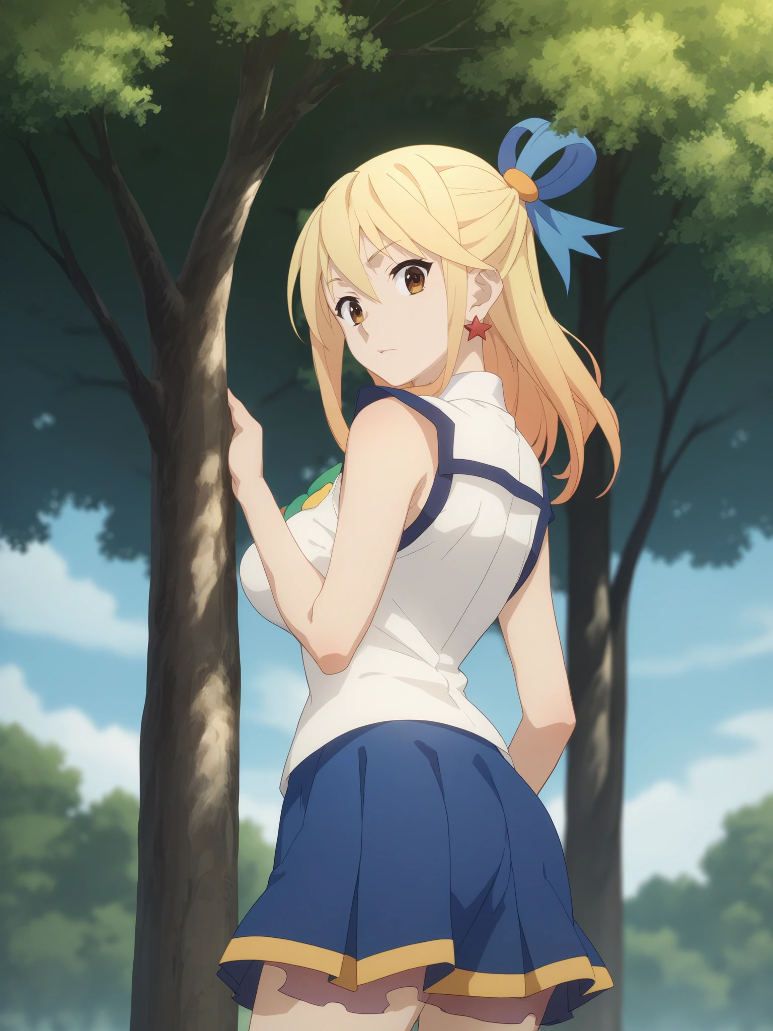 score_9, score_8_up, score_7_up, score_6_up, score_5_up, source_anime, smooth_anime,
Lucy_Heartfilia, 1girl, solo, brown_eyes, blonde_hair, ribbon, hair_ribbon, looking_at_viewer, long_hair, outdoors, jewelry, earrings, breasts, looking_back, sleeveless, blue_ribbon, skirt, shirt, tree, large_breasts, sleeveless_shirt, blue_skirt, long_skirt, day
 <lora:Konosuba:1>