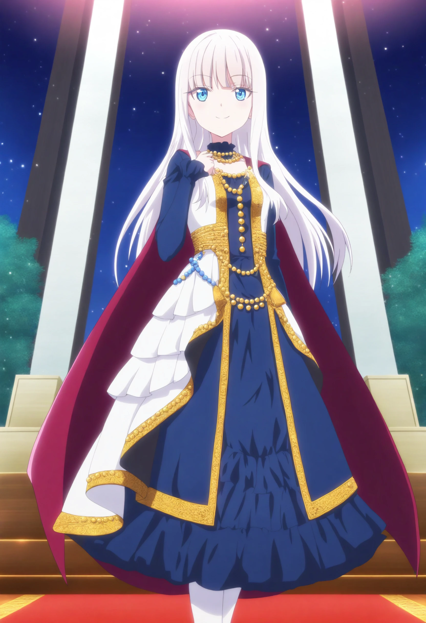 <lora:Mira - [She Professed Herself Pupil of the Wise Man] - illustriousXL v1.0:1>, sysdeep_mira,  white hair, blue eyes, beaded dress, standing, red carpet, glamorous smile, night