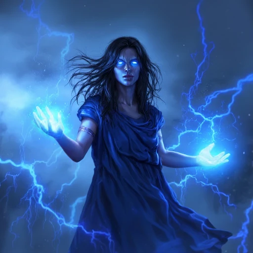 Digital ilustration in PoE1ascendancyArtFLUXV1 of a pale woman with long black hair wearing a long blue robe, with eyes glowing blue, holding a lightning bolts in her hands, with massive thunderstorm in the background