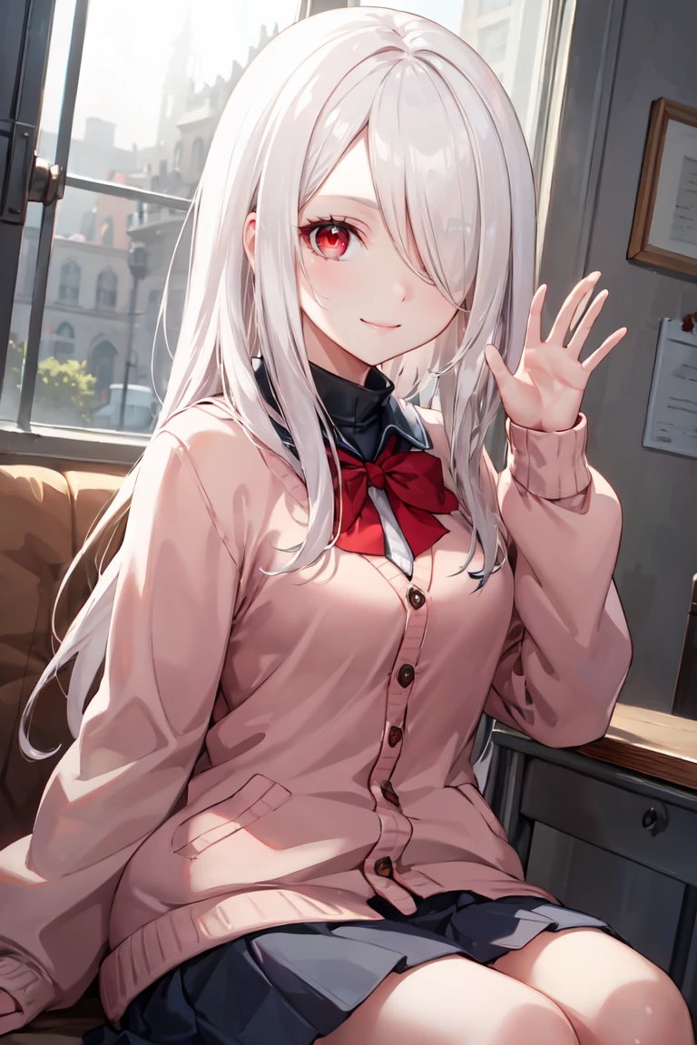 masterpiece, best quality, ultra-detailed, glistening shiny, glowing light, ray tracing, HDR, deph of field, (perfect face, detailed face), <lora:NestArgenta:0.7>, argenta, hair over one eye, red eyes, smile, long hair, school uniform, pink cardigan, sitting, waving