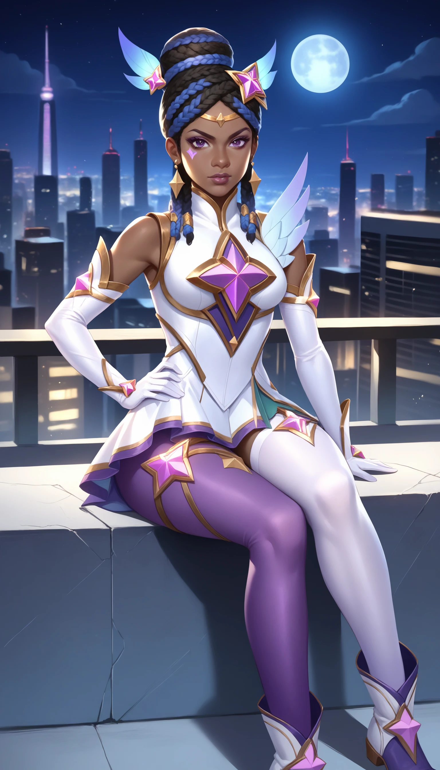 score_9, score_8_up, score_7_up, (masterpiece, best quality), 1girl, solo,
star guardian senna, (asymmetrical legwear, single leg white thighhighs, (single leg purple pantyhose:1.2):1.3), gloves, elbow gloves, hair bun, looking at viewer, black hair, hair ornament, gloves, dress, jewelry, standing, purple eyes, detached sleeves, alternate costume, dark skin, hair bun, dark-skinned female, hand on hip, single hair bun, boots,
outdoors, cityscape, night, midnight, moon, futuristic city,
(boots:1.5)
(sitting:1.5)