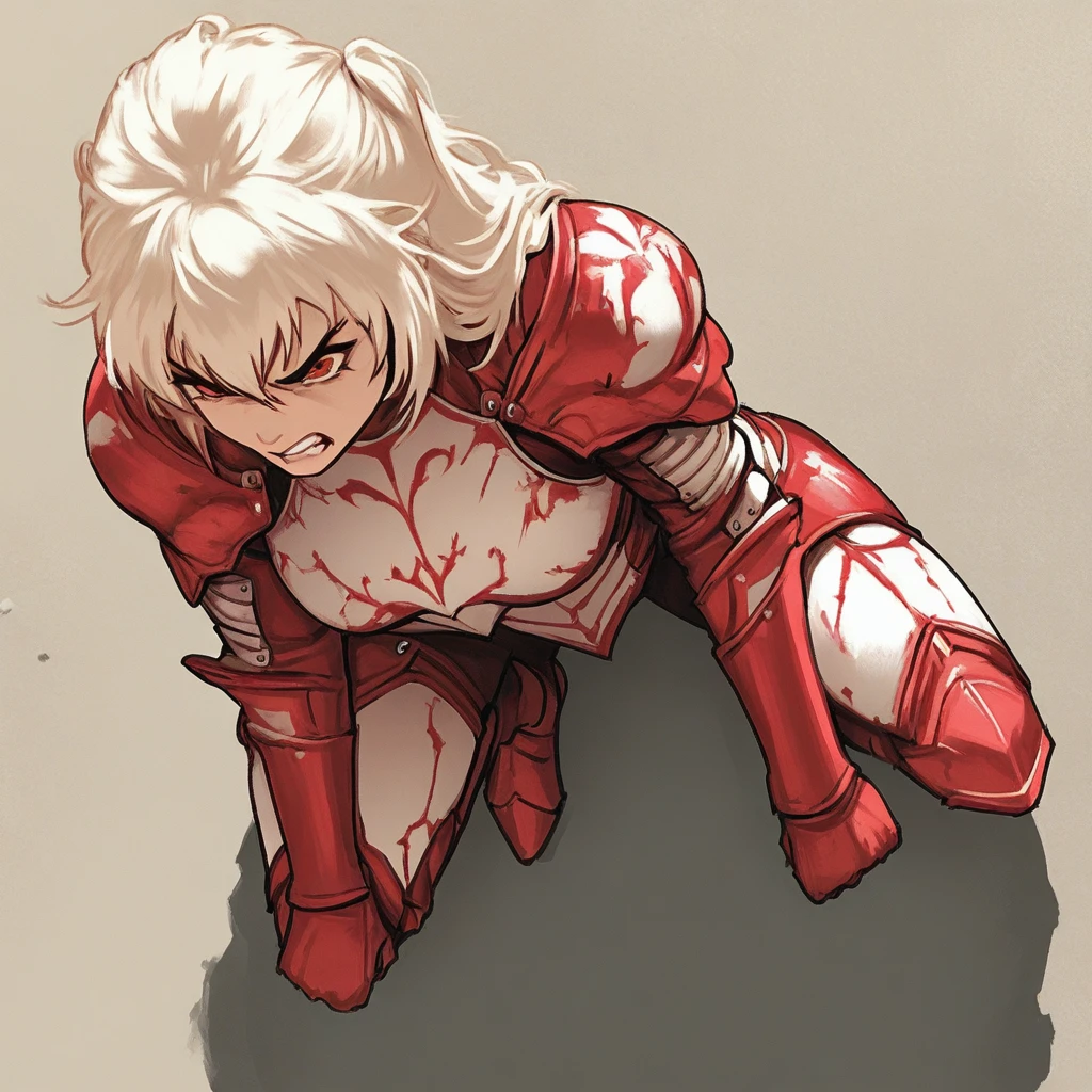 <lora:Tatsumaki:0.7> iom, 1girl, solo, looking at viewer, smile, simple background, white background, blood, floating hair, clenched hand, veins, incoming attack