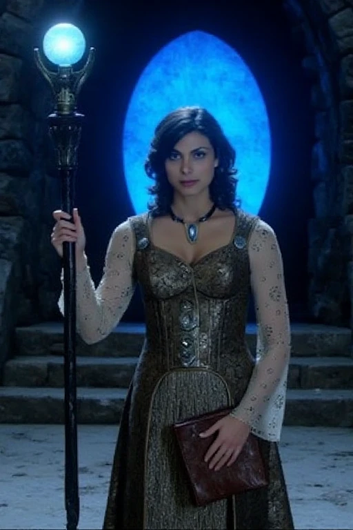 This is a movie still of a ohwx dressed in medieval-style robes. The woman stands in a dimly lit, cavernous setting with a large, glowing blue portal in the background, reminiscent of a magical portal from a fantasy film or game. She holds a long, ornate staff with a dark wooden handle and a glowing blue orb at the top, which emits a soft, ethereal light. Her robes are made of a coarse, rough material, primarily in shades of brown and grey, with silver accents. She wears a simple, sleeveless tunic underneath the robes, and his hands are visible, holding a wooden book with a leather cover. The woman's expression is serious and focused, adding to the mystical ambiance of the scene. The background features stone walls and a set of stone steps leading up to the portal, which is surrounded by a faint, glowing blue light that diffuses into the surrounding area. The overall color palette is dominated by cool blues and dark browns, enhancing the otherworldly and mystical atmosphere. The lighting is dim, creating shadows that add depth and mystery to the image.