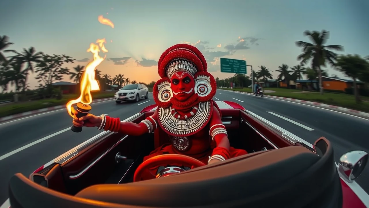 wide angle fish eye of a theyyam performer wearing a full body red and silver costume with red face and body paint sitting in the driver seat driving an open top classic car through a highway while holding a flame torch in one hand and steering wheel with the other hand. sunset. fast dynamic camera angle from the side