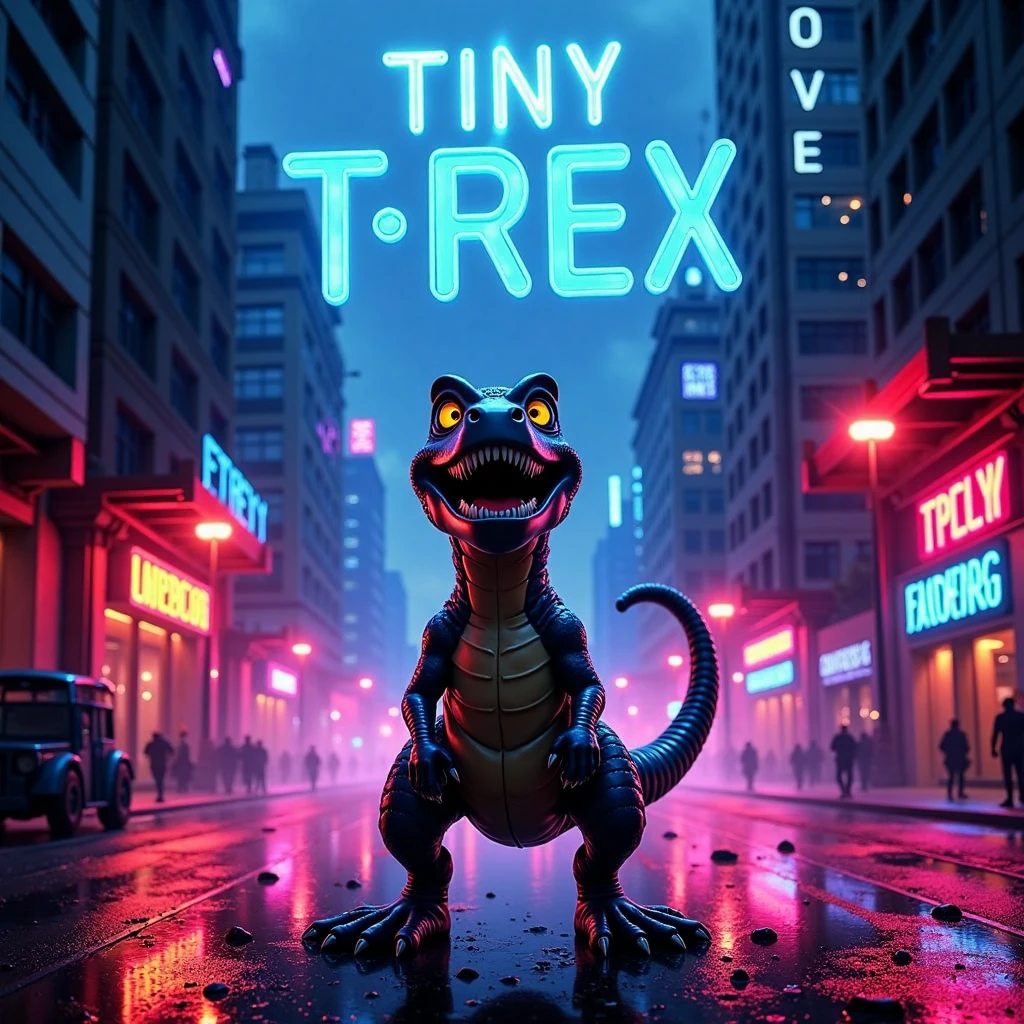 tiny t-rex, futuristic cyberpunk cityscape, neon lights illuminating the rain-soaked streets, dark and gritty atmosphere, towering skyscrapers, high contrast, intense color glow, intricate mechanical details on buildings, tiny t-rex standing heroically in front, film poster layout, cinematic lighting, shadows casting a dramatic look, bold title text \"Tiny T-Rex\" in stylized neon font, directed by djm230x, high resolution, sharp focus
