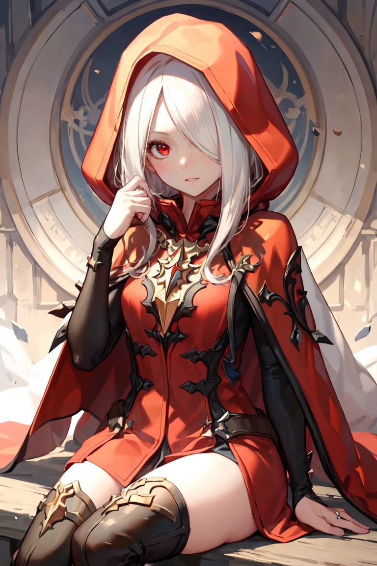 masterpiece, best quality, ultra-detailed, glistening shiny, glowing light, ray tracing, HDR, deph of field, (perfect face, detailed face),  <lora:NestArgenta:0.8>, argenta, hair over one eye, red eyes, red hooded cloak, red short dress, thigh boots, bridal gauntlet, sitting