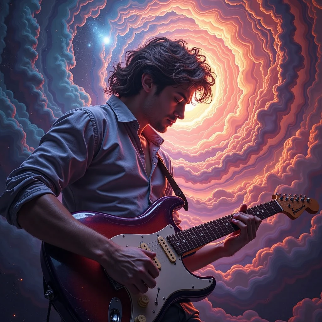 an abstract painting of a seductress,glowing energy,split sky between sunny day and deep space at night, with gome style, close-up shot of a man's hands deftly strumming the strings of his electric guitar, fingers gliding smoothly across the fretboard as he performs an intricate melody. Soft lighting casts a warm glow on his face, highlighting the concentration etched on his features.