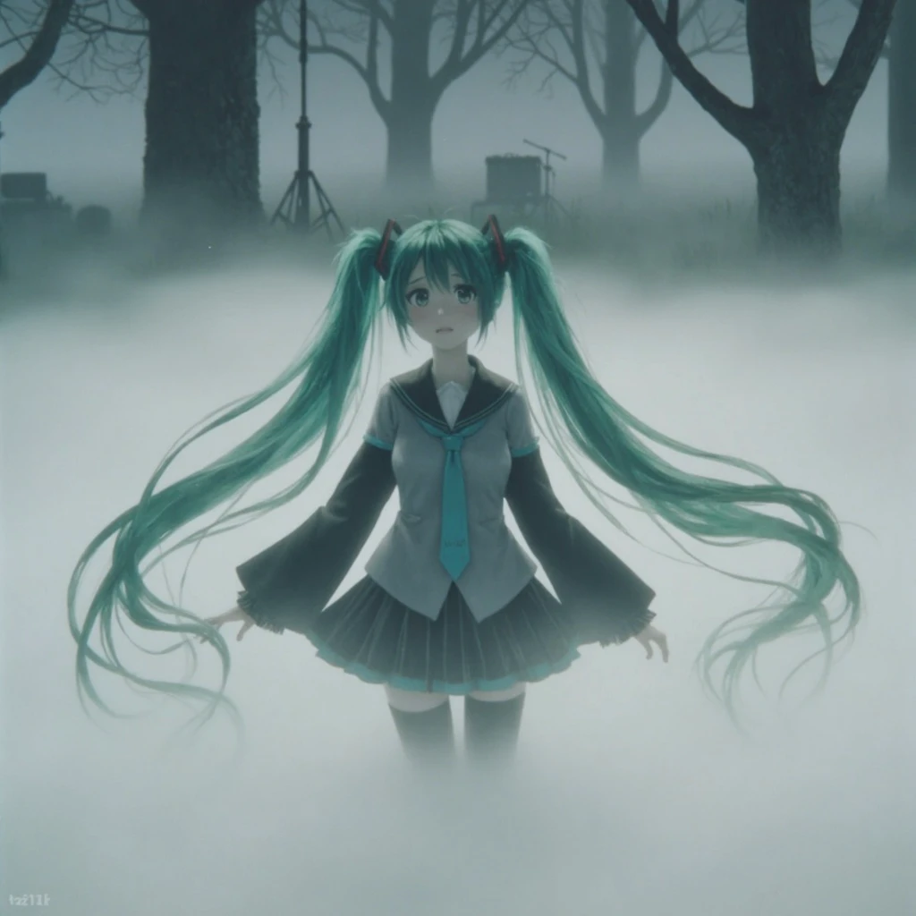 ezh1k. Animated film style portrait of Hatsune Miku performing on stage, inspired by 'Hedgehog in the Fog' art style. She wears her iconic grey school uniform with teal tie and long teal twintails flowing in the air. The stage is shrouded in soft misty fog that swirls around her feet. Muted watercolor palette with ethereal grey and blue tones. Minimalist background features silhouettes of trees and concert equipment barely visible through the dense fog. Soft diffused lighting creates a dreamy atmosphere typical of Yuri Norstein's animation.