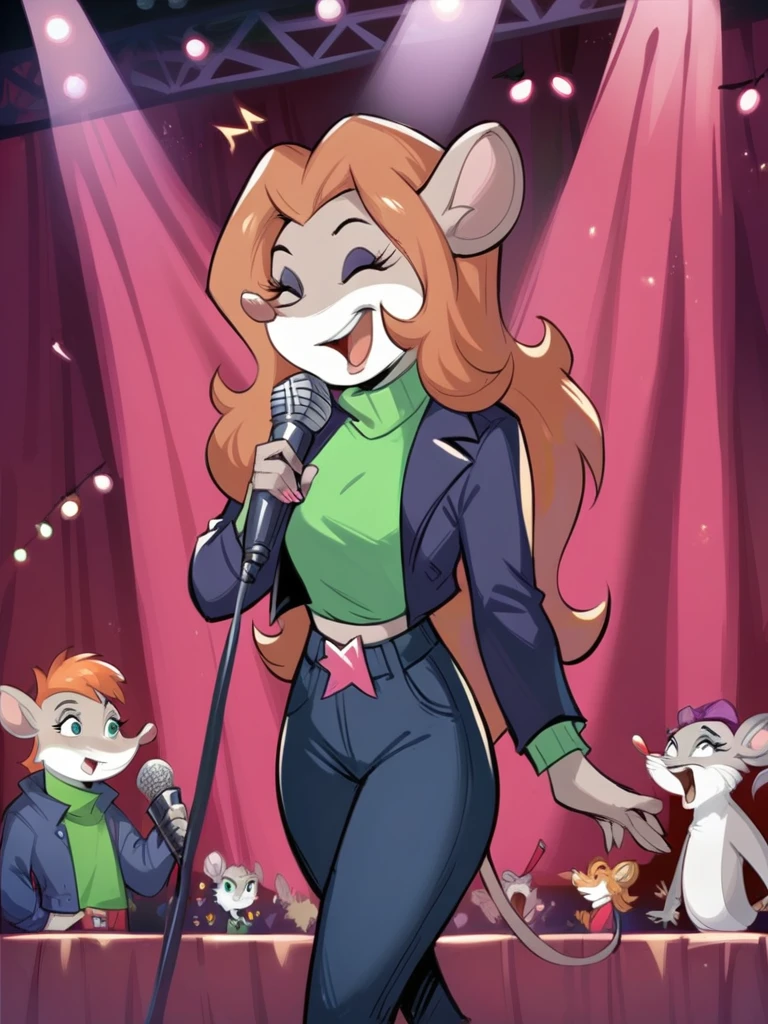 score_9, score_8_up, score_7_up, score_6_up, score_5_up, score_4_up, Talia_Squeaks, open jacket, green sweater, jeans, singing, microphone, stage, spotlight, stage lights, detailed face, detailed eyes, detailed background, <lora:talia-v3:1>