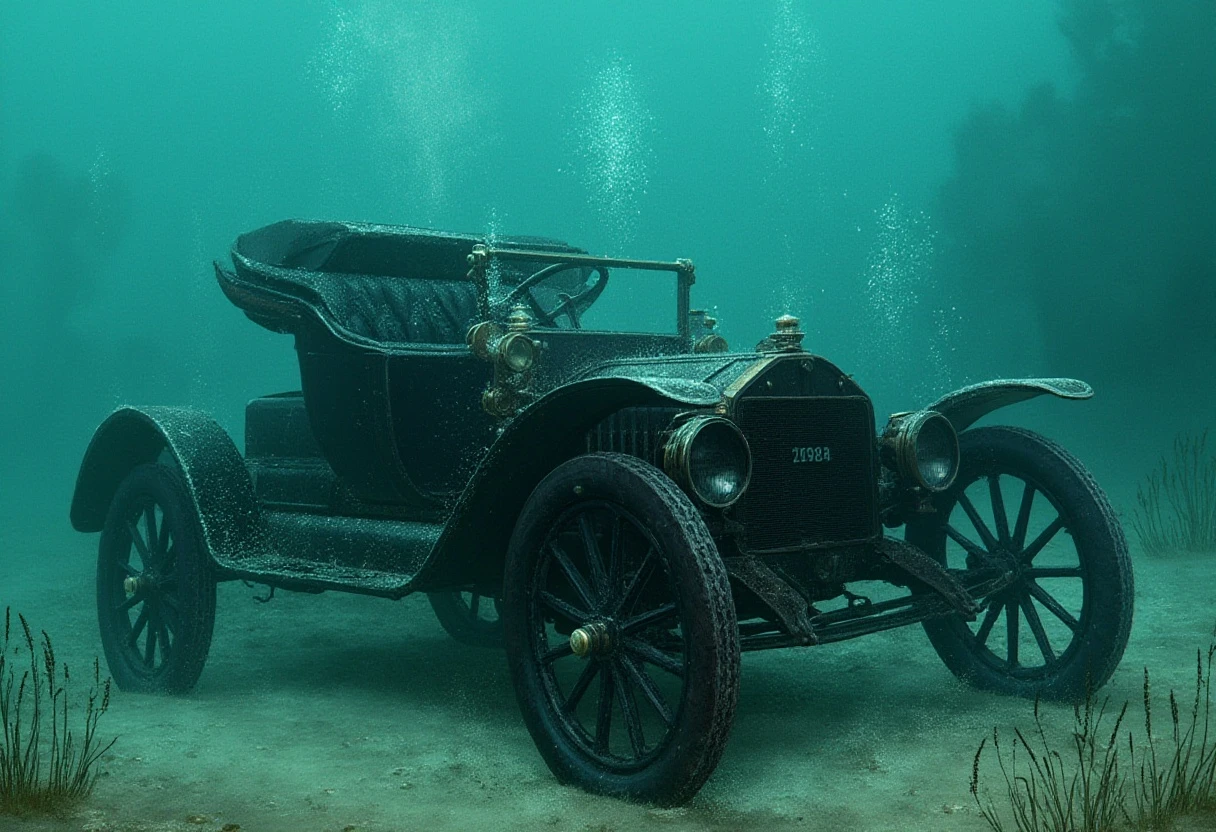 eldritch illustration of Ford Model T submerged underwater