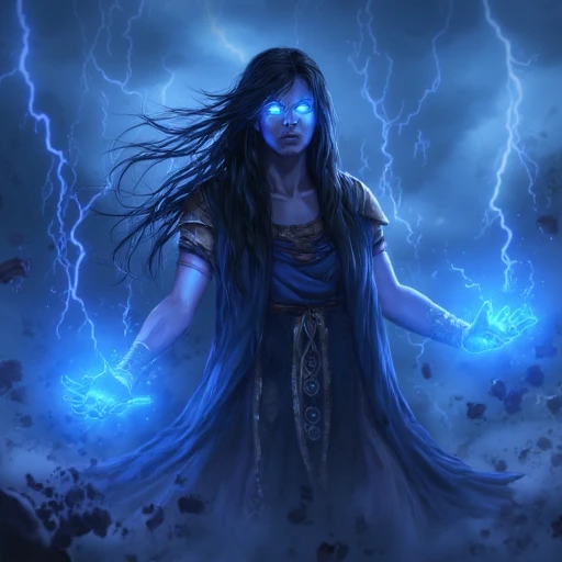 Digital ilustration in PoE1ascendancyArtFLUXV1 of a pale woman with long black hair wearing a long blue robe, with eyes glowing blue, holding a lightning bolts in her hands, with massive thunderstorm in the background