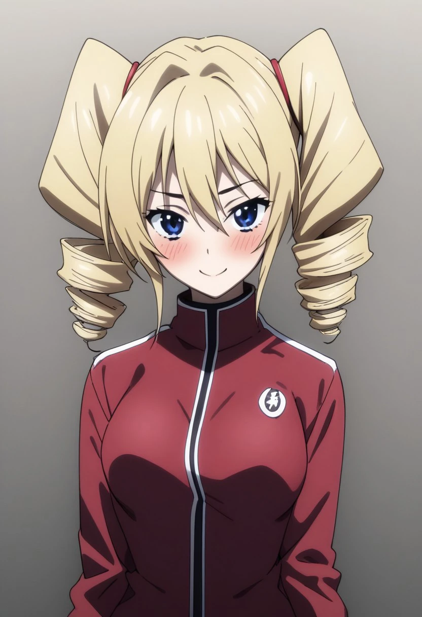 r4v3lph3n3x,Ravel Phenex,
1girl, solo, long hair, breasts, looking at viewer, blush, smile, bangs, blue eyes, blonde hair, hair between eyes, twintails, medium breasts, closed mouth, jacket, upper body, drill hair, hair intakes, twin drills, red jacket