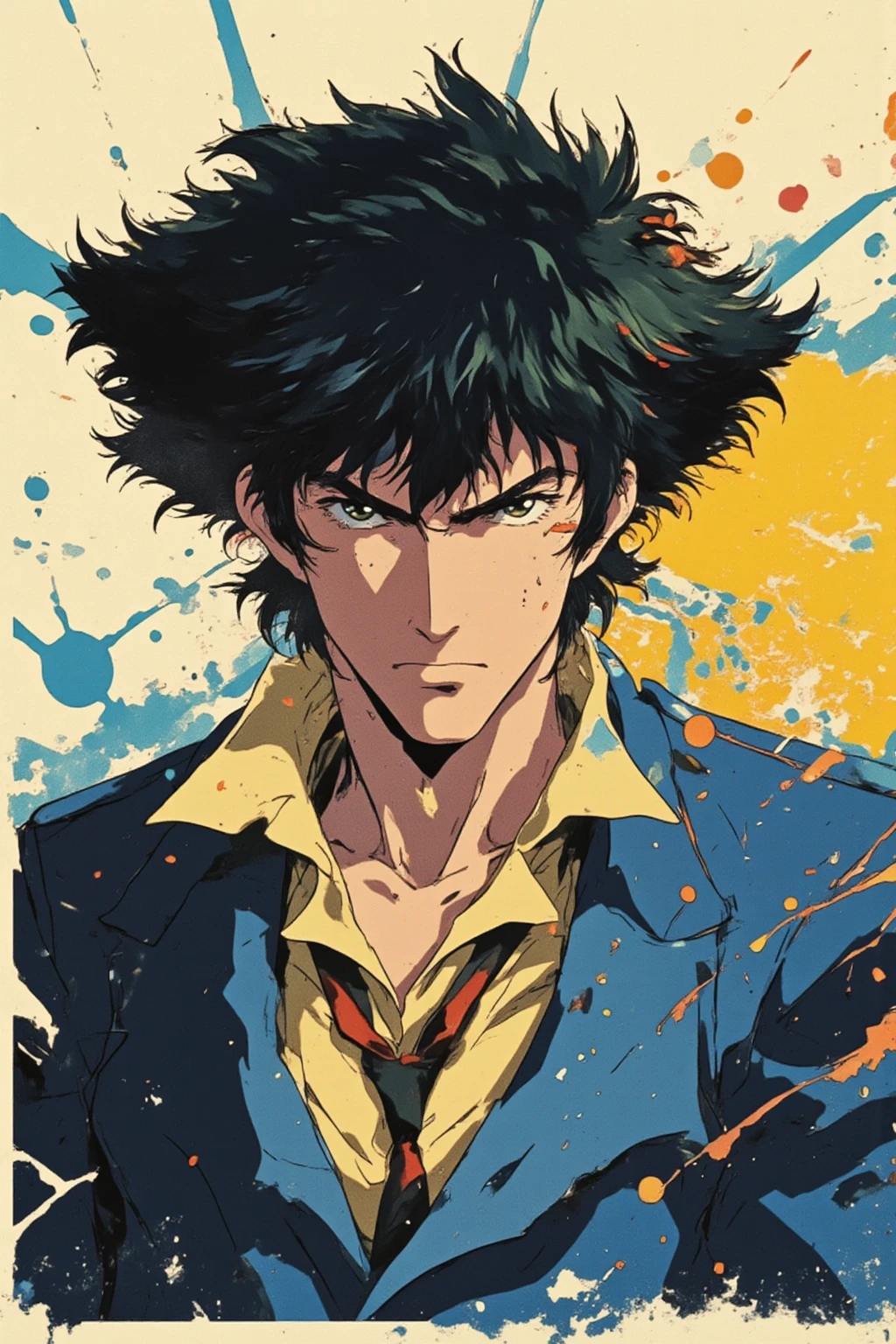 spike, creating a powerful visual impact,black hair,green double pupils, (pose for the camera) ,blue and yellow paint splatters，vitamins