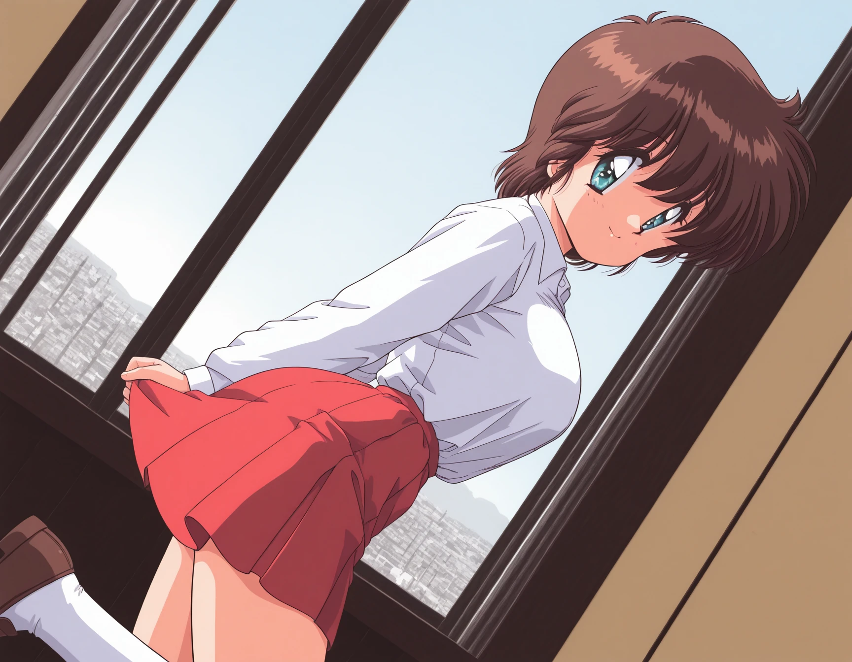 1girl, solo, 
<lora:Wakaba_Mina_Gomenne_Mina-chan_Illustrious_v2:1.0>, wakaba_mina_v2, large breasts, aqua eyes, blue eyes, brown hair, short hair, bangs, hair between eyes, sidelocks, white shirt, long sleeves, pleated skirt, red skirt, white legwear, loafers, 
smile, happy, looking at viewer,  
indoors, , noon, sky, , 
double exposure, dutch angle, contrapposto, from side, 
best quality, ultra-detailed, masterpiece, finely detail, highres, amazing quality, very aesthetic, absurdres, general, recent, newest,