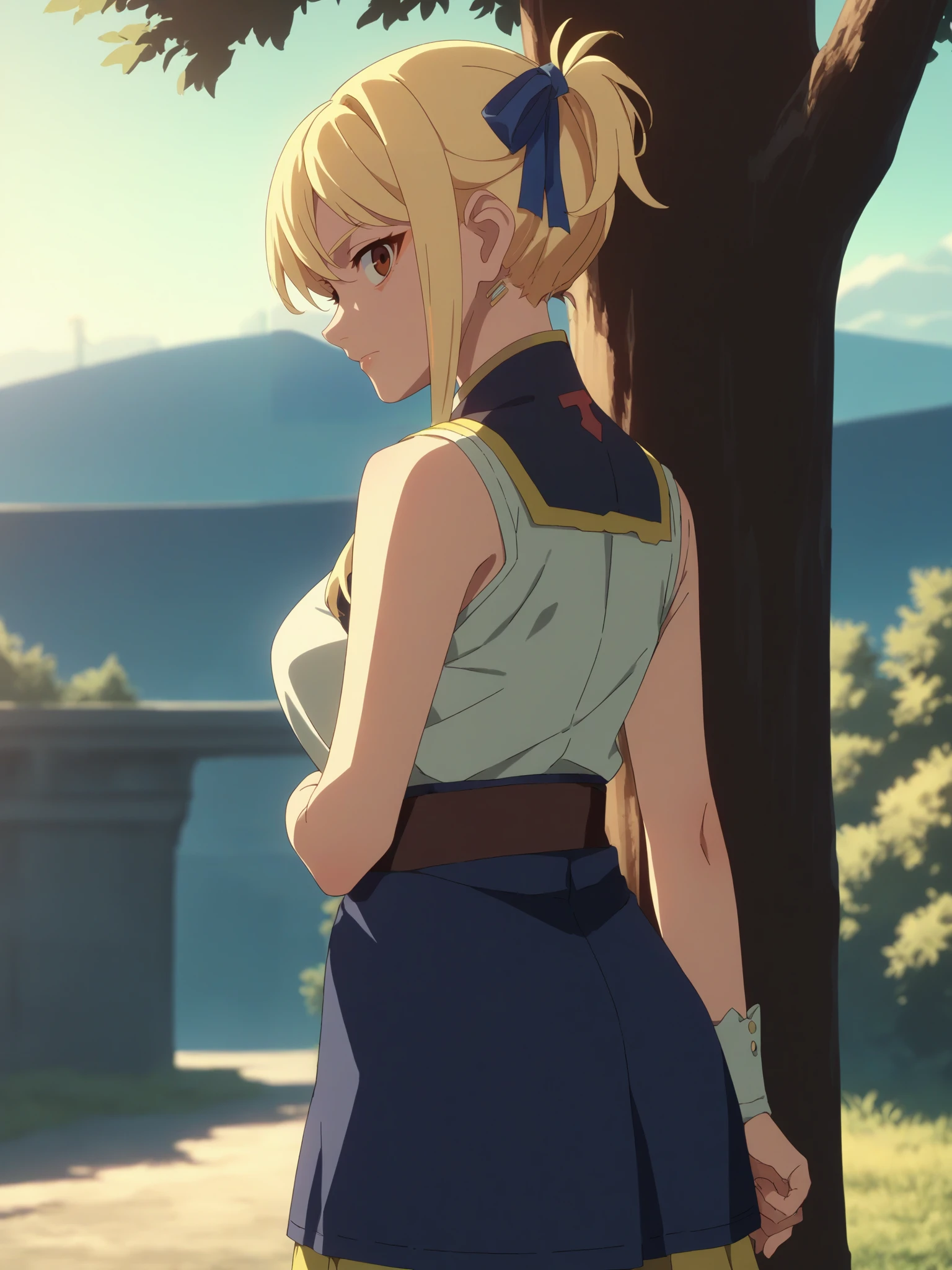 score_9, score_8_up, score_7_up, score_6_up, score_5_up, source_anime, smooth_anime,
Lucy_Heartfilia, 1girl, solo, brown_eyes, blonde_hair, ribbon, hair_ribbon, looking_at_viewer, long_hair, outdoors, jewelry, earrings, breasts, looking_back, sleeveless, blue_ribbon, skirt, shirt, tree, large_breasts, sleeveless_shirt, blue_skirt, long_skirt, day
 <lora:Cyberpunk_Edgerunners:1>