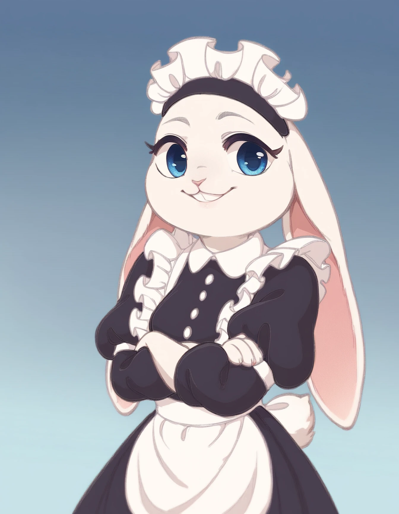 score_9, score_8_up, score_7_up, score_6_up, score_5_up, score_4_up,
Reiko, blue eyes, white fur, maid uniform, gradient background, crossed arms, portrait, hare, floppy ears, smile
<lora:Reiko_XL:0.9>