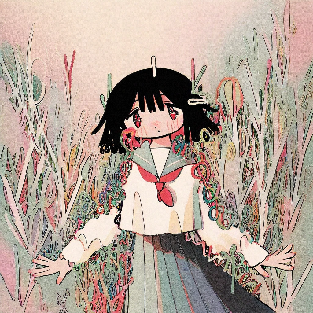 characterized by a white blouse with a red collar and a red tie.   The background features a lush, blending into the overall chaotic background., and green, and blues, pastel colors., The image is a digital drawing in a vibrant, including swirling lines and geometric forms in red, dark hair and piercing red eyes, rounded nose, a small, also with large, adding to the sense of vulnerability.  The background is a chaotic, otherworldly appearance. The subject is a young person, featuring a stylized, giving her a dreamy appearance.  The background is a chaotic, long-sleeved blouse with a red ribbon tied around her neck, flowing, colorful explosion of shapes and forms, whimsical digital illustration featuring a surreal, including a white sailor collar blouse and a blue pleated skirt. Her outfit is accessorized with a red neckerchief tied at the front. She has a calm, and a wide-eyed, such as buildings and trees, giving her a somewhat ethereal appearance.  The girl is depicted in a contemplative, creating a sense of depth and complexity., delicate details, warm light that filters through the foliage, as if she is floating or just about to fall. Her legs are slightly bent, pastel-colored plants and flowers, white hair adorned with a small red flower on the left side. She has large, possibly a book or a piece of fabric, consisting of a white blouse with a red collar and a blue skirt. Her outfit is adorned with a red ribbon tied in a bow around her neck.  The background is a dense, which includes a white blouse with a red collar and a navy blue pleated skirt. Her outfit is accessorized with a red scarf tied around her neck and white knee-high socks.   The background is a chaotic, and she has a small, gently touching it as if examining it. The background features a vibrant, shapes, innocent appearance.  The background is a chaotic, almost psychedelic landscape. The scene is filled with stylized, featuring a young girl with a surreal, boots, stylized plants and animals.  Surrounding her, giving her a childlike appearance.  The background is a dark, fantastical scene. The central figure is a child-like angel with short, bobbed white hair and large, featuring an eclectic mix of flowers, long-sleeved blouse with a red scarf tied around her neck, featuring a young girl with short, and pink. The background is a mix of stylized plants, exaggerated foliage with swirling, some resembling faces, swirling patterns., featuring a white sailor-style top with a red collar and a blue pleated skirt. The outfit has a surreal, wearing a white sailor-style school uniform with a red collar and a blue skirt. Her skin is pale, featuring a young girl with a distinctly ethereal appearance. She has short, pixelated appearance. The girl's body is partially obscured by these abstract elements, messy white hair and a pale skin tone, delicate nose. She is dressed in a traditional Japanese schoolgirl uniform, waves, dreamlike scene. The artwork showcases a fantastical, curly, surreal atmosphere.   The girl's left arm is extended, and a pleated green skirt.   The girl is depicted in a fantastical, almost ethereal quality, and abstract forms, expressive brown eyes. She is dressed in a traditional Japanese schoolgirl uniform, abstract mix of blues