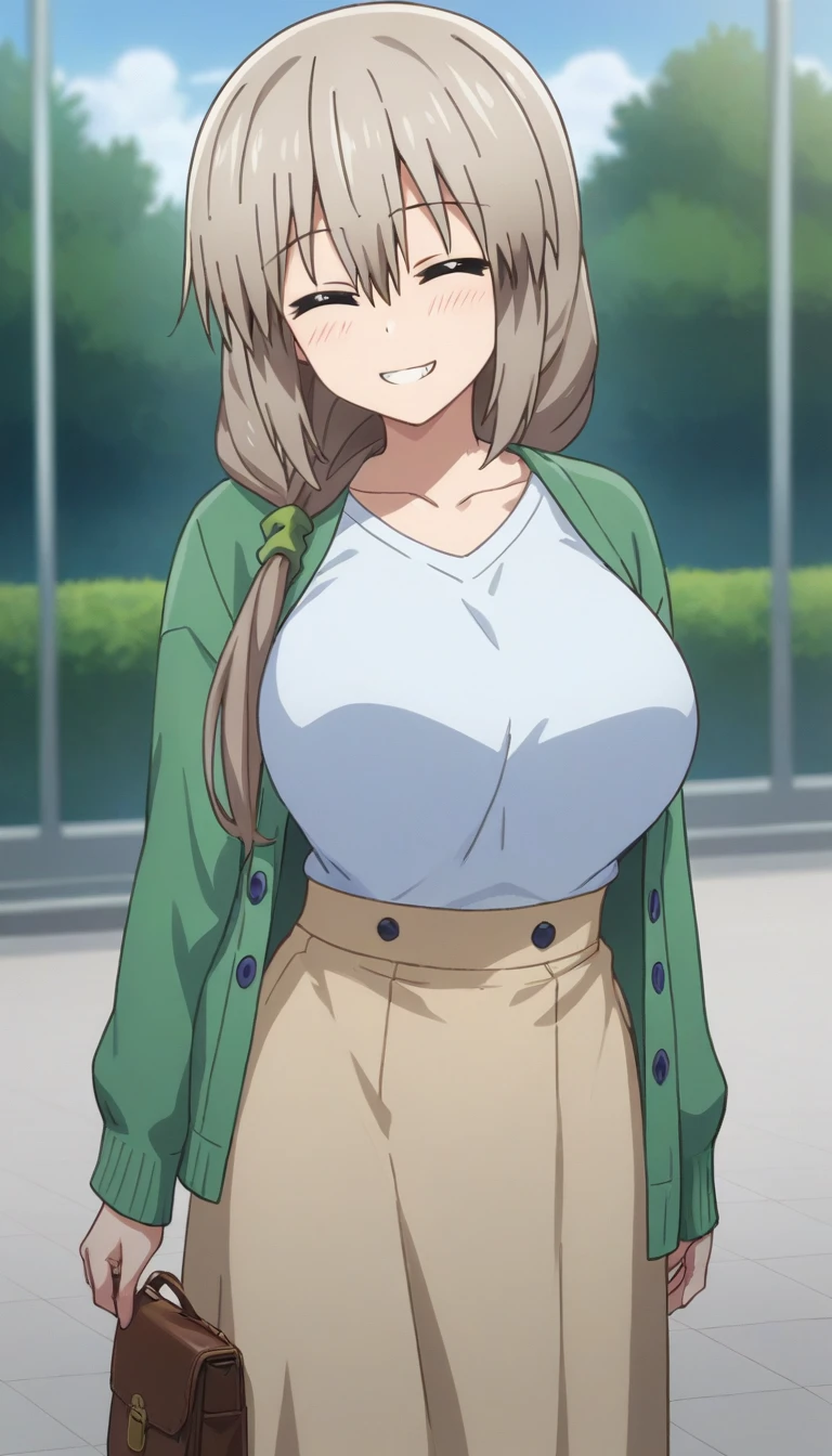 Kyoto animation, female, white, 18 year old woman, slim body, big breasts, sexy thigs, long brown hair, blue eyes, cute face, soft smile, brown sweater, long blue skirt, sit on the chair