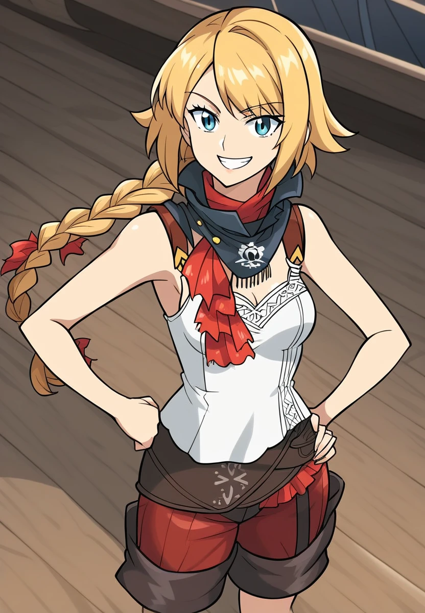 masterpiece,best quality,
(1girl, over head angle, pirate ship deck:1.3), midtelamon standing on a pirate galleon with hands on hips pointing 1 hand up to the sky, full body, kamina pose, blonde hair, long single braid, scarf, sleeveless, 1girl, lacy white tank top, smiling, mouth open, sassy, dynamic motion, (hd 2020 anime screenshot:1.3)