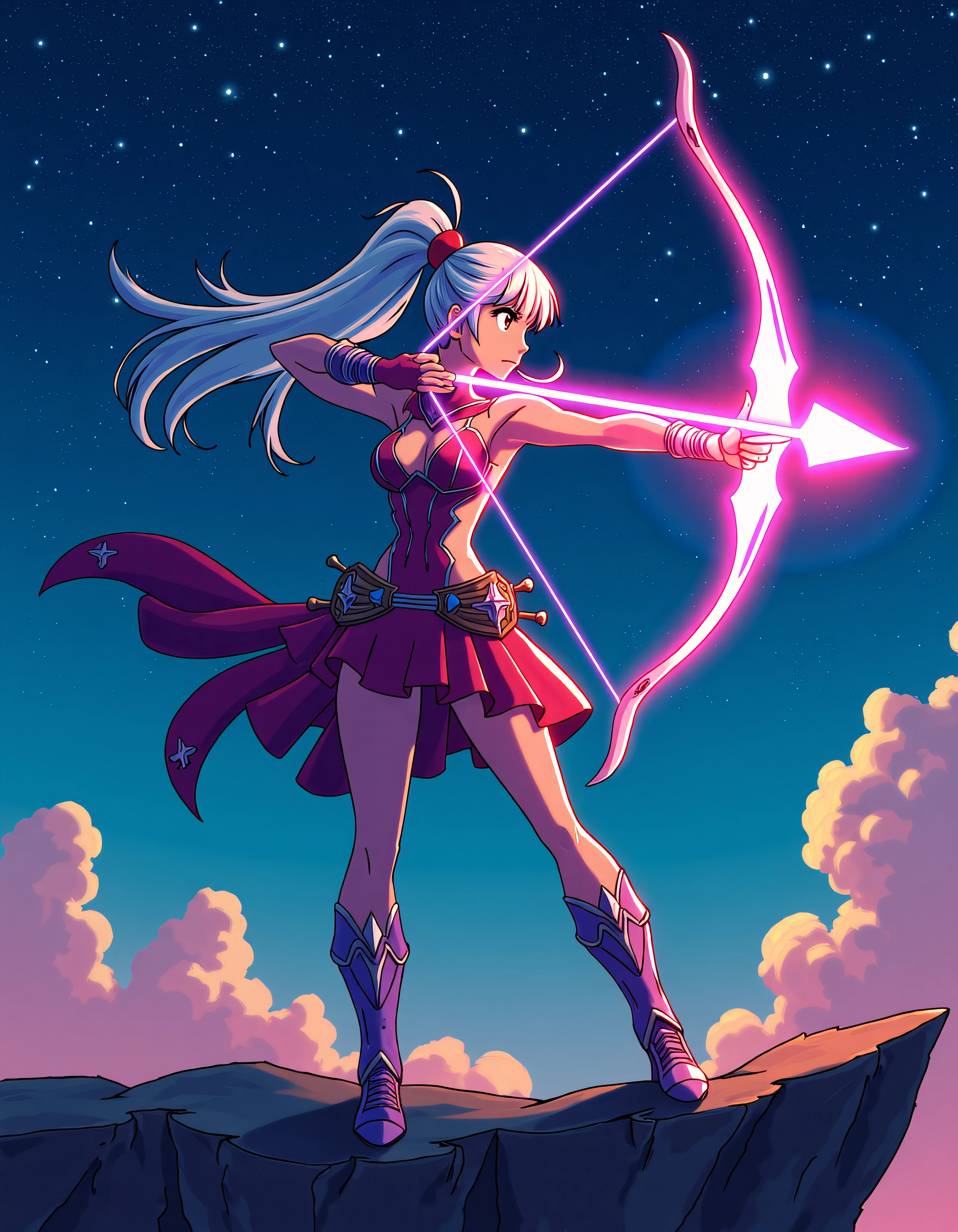 Vibrant and exaggerated aesthetics, anime style,  A fierce warrior with long, silvery hair pulled into a high ponytail draws a glowing, ethereal bow. Her armor is adorned with star-like patterns, and the arrow is a beam of concentrated light. She stands on a cliff under a sky filled with constellations that shift and shimmer as if responding to her command. The scene captures the tension and grace of her form as she prepares to release the arrow. <lora:xlranime-sushio:1.0>