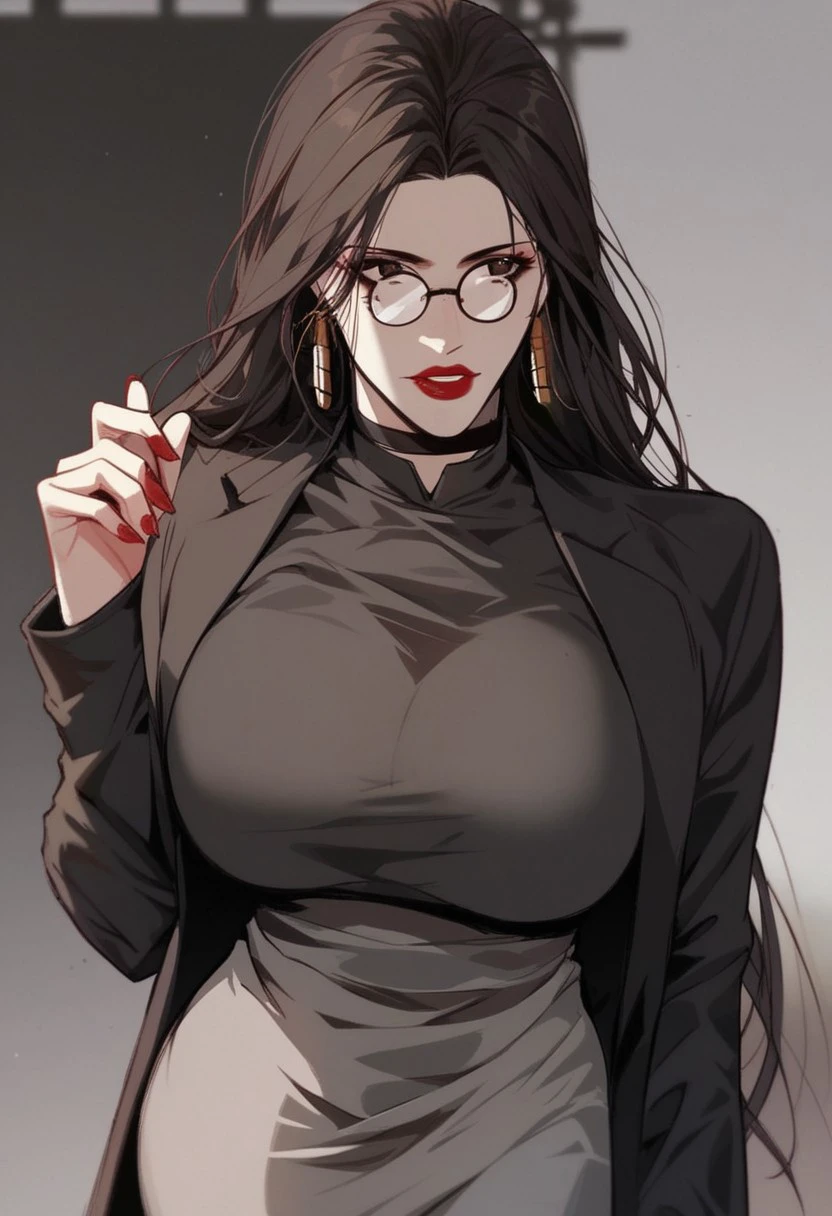 score_9, score_8_up, score_7_up, BREAK, LiRuobing, long hair, black hair, brown eyes, glasses, large breasts, makeup, red lips, red nails, CasualDress, earrings, black choker, black shirt, black jacket, long sleeves, grey skirt, pencil skirt, 1girl, solo,