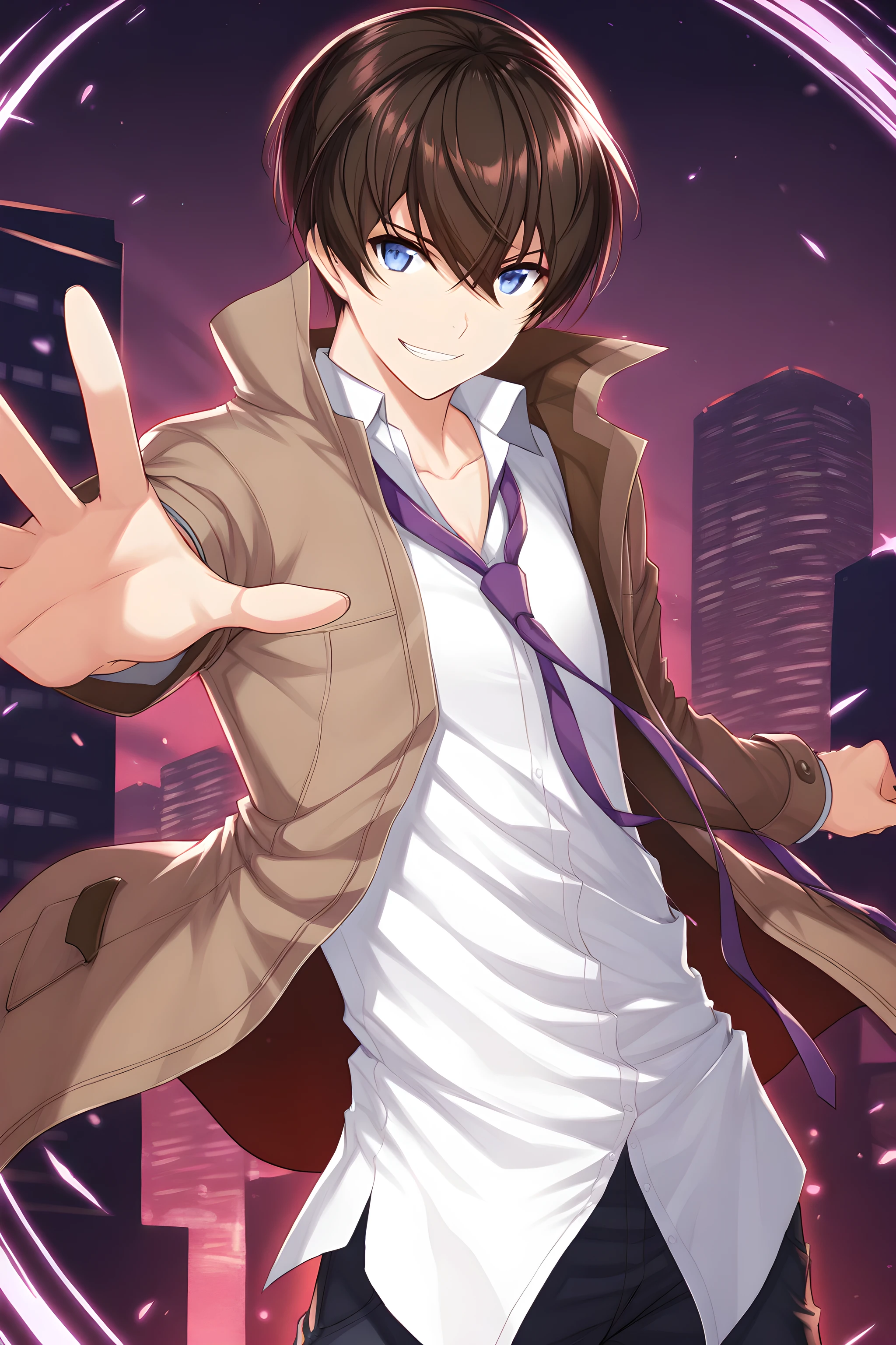 nayubin, 1boy, 1boy, male focus, blue eyes, solo, shirt, smirk, teeth, white shirt, necktie, city, brown hair, hair between eyes, looking at viewer, collared shirt, bangs, midnight background, jacket, brown jacket, closed mouth, open clothes, collarbone, brown coat, purple necktie, cowboy shot, fighting stance, fist to viewer, cowboy shot,  outstretched arm <lora:nayubin:1>, (masterpiece),(best quality),(ultra-detailed),(best illustration),(best shadow),(absurdres),(detailed background),(very aesthetic),