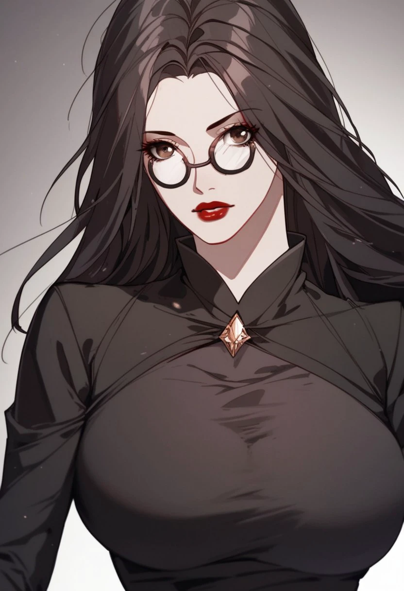 score_9, score_8_up, score_7_up, BREAK, LiRuobing, long hair, black hair, brown eyes, glasses, large breasts, makeup, red lips, red nails, BlackDress, black dress, tight dress, taut dress, short dress, long sleeves, 1girl, solo,