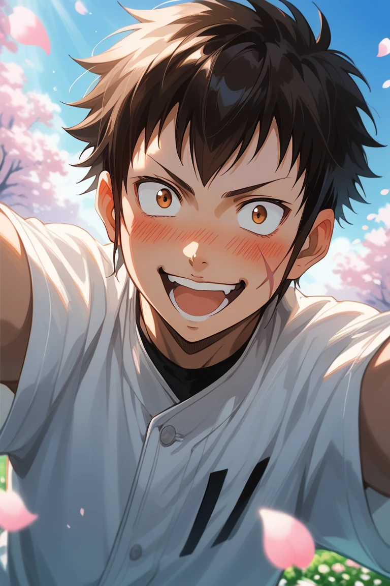 score_9, score_8_up, score_7_up, source_anime, rating_safe, day, natural lighting, spring theme, flowers, petals, male focus, selfie, outstretched arms, smiling, blushing, looking down at viewer, expressive face, RaichiDA, brown_RaichiDA_scar on cheek, black_RaichiDA_hair, constricted pupils, open mouth, oversized arms, manly, 1boy, blurry outdoors, from below, dutch angle, intricately detailed illustration, atmospheric perspective, depth of field