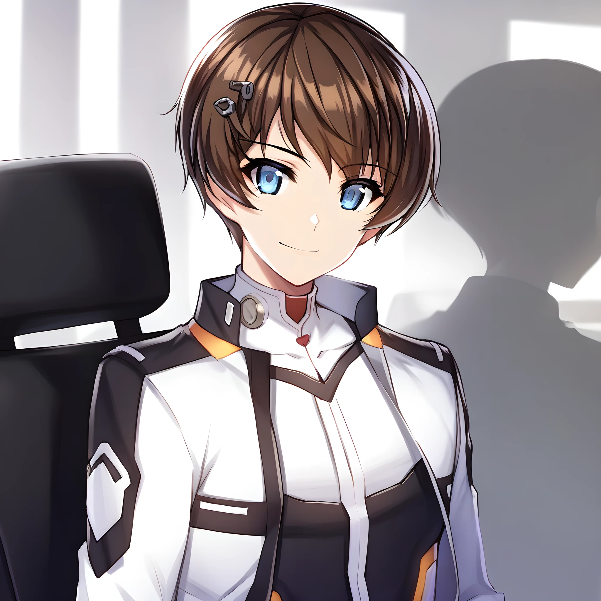 nayubin, 1boy, solo, blue eyes, brown hair, looking at viewer, jacket, smile, upper body, hair ornament, bangs, closed mouth, white jacket, hairclip, long sleeves, fenrirdivision, upper body, office background, chair, <lora:nayubin:1>, (masterpiece),(best quality),(ultra-detailed),(best illustration),(best shadow),(absurdres),(detailed background),(very aesthetic),