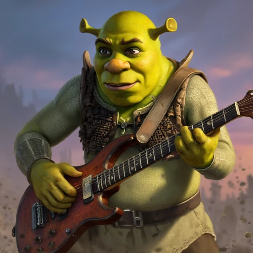 Digital ilustration in PoE1ascendancyArtFLUXV1 style of Shrek playing on a eletrctic guitar