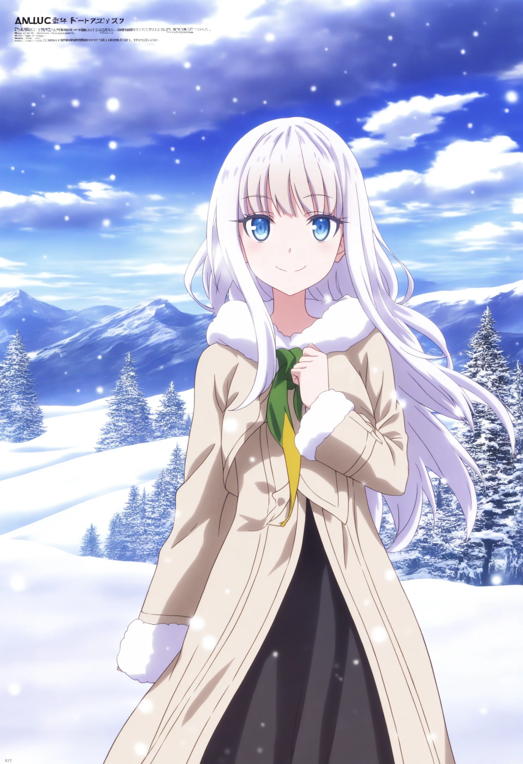 <lora:Mira - [She Professed Herself Pupil of the Wise Man] - illustriousXL v1.0:1>, sysdeep_mira,  white hair, blue eyes, wool dress, standing, in the snow, smiling, day