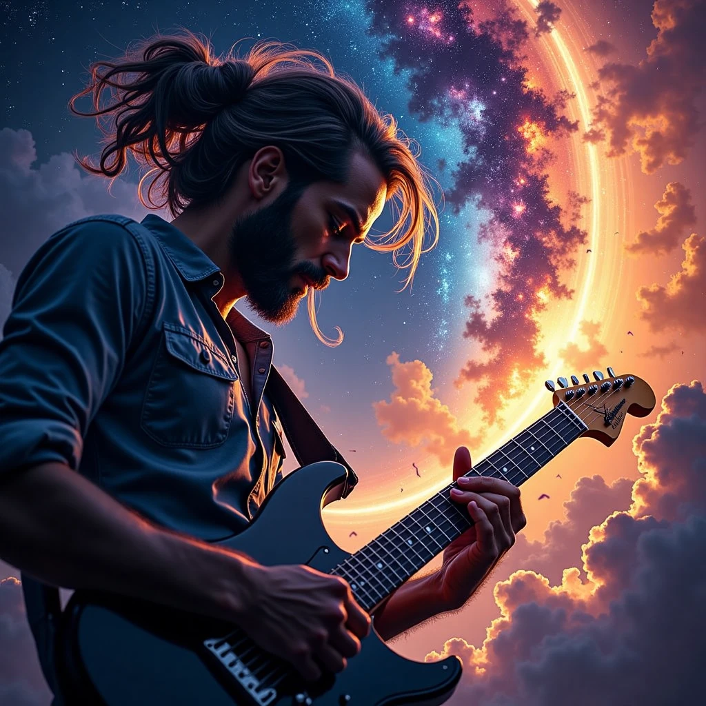 an abstract painting of a seductress,glowing energy,split sky between sunny day and deep space at night, with gome style, close-up shot of a man's hands deftly strumming the strings of his electric guitar, fingers gliding smoothly across the fretboard as he performs an intricate melody. Soft lighting casts a warm glow on his face, highlighting the concentration etched on his features.