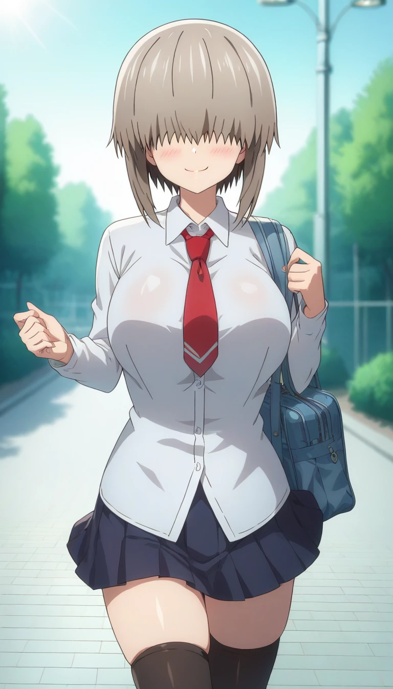 score_9,score_8_up,score_7_up,score_6_up BREAK official art,solo,outdoors,cowboy shot,looking at viewer,facing viewer,smile,blush,Yanagi Uzaki,short hair,grey hair,shiny hair,short hair with long locks,sidelocks,long bangs,covered eyes,hair over eyes,no eyes,collarbone,school uniform,white shirt,collared shirt,red necktie,long sleeves,large breasts,skindentation,shirt tucked in,miniskirt,black skirt,pleated skirt,thighs,zettai ryouiki,black thighhighs,loafers,<lora:Yanagi Uzaki(uwa)-Pony:1.6>,