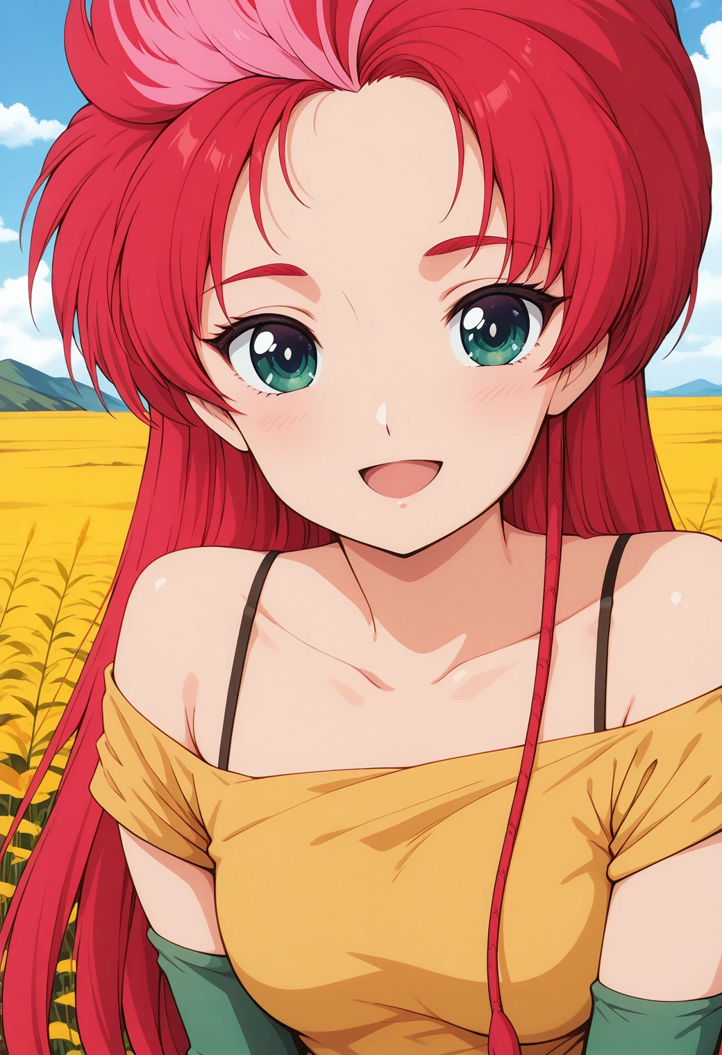 1girl, solo, (field:1.2), (blue sky:1.2), looking at viewer, 
yuuki_sara, green eyes, multicolored hair, red hair, two-tone hair, pink hair, long hair, yellow dress, off-shoulder shirt, bare shoulders, bra strap, green elbow sleeves, <lora:yuuki_sara_illustrious_ver1:0.8>
smile,, masterpiece, best quality, general,, (upper body:1.2), (close-up:1.2), (facing viewer:1.2), (open eyes:1.4), (portrait:1.2)