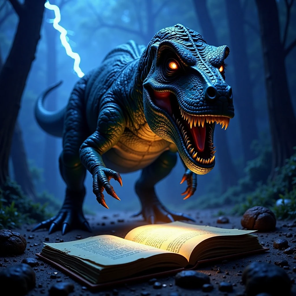 A fearsome t-rex stands over a mystical Dead Note, its scales glistening in a dim, eerie light. The notebook, ancient and dark, lies beneath the t-rex massive claws, emitting a faint supernatural glow that illuminates the creature's intense, menacing gaze. Shadows swirl around the t-rex as it seems drawn to the notebook's sinister power, with lightning illuminating the scene in sharp, haunting flashes of blue and purple. The t-rex eyes gleam with a mysterious hunger, as if sensing the forbidden knowledge contained within the Dead Note. The atmosphere is dark, foreboding, and filled with suspense, blending prehistoric might with supernatural horror.